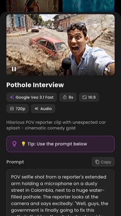 VIBE AI Video Generator App Interface showing cinematic rendering